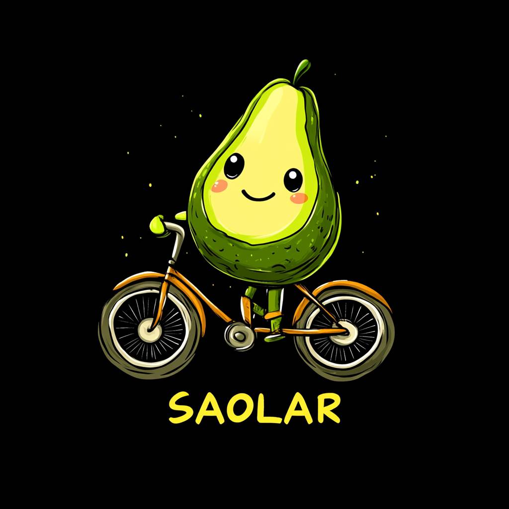 SAOLAR t-shirt featuring cute avocado character cycling, perfect for fun.