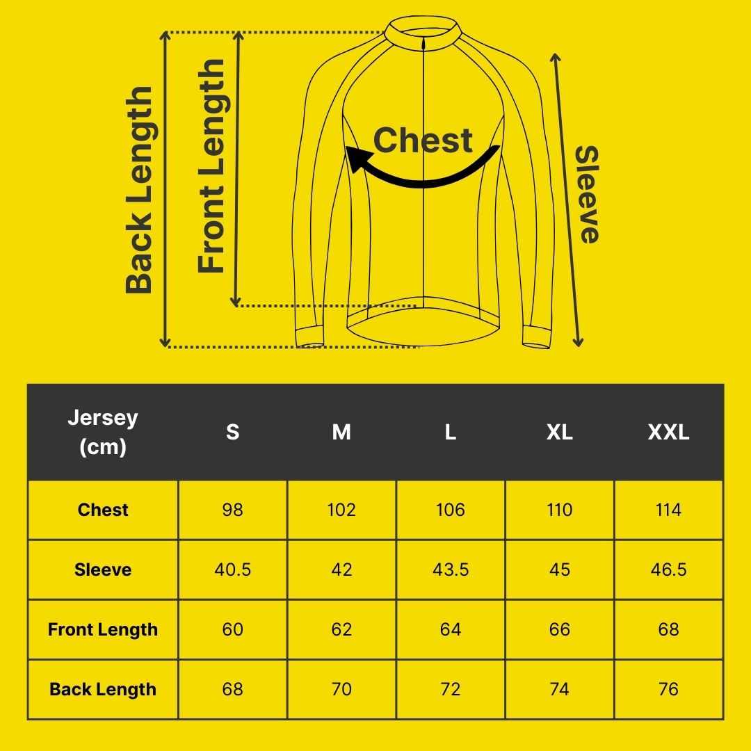 Saolar Long sleeves cycling jersey size chart with chest, sleeve, front length, back length measurements in cm for S, M, L, XL, XXL.