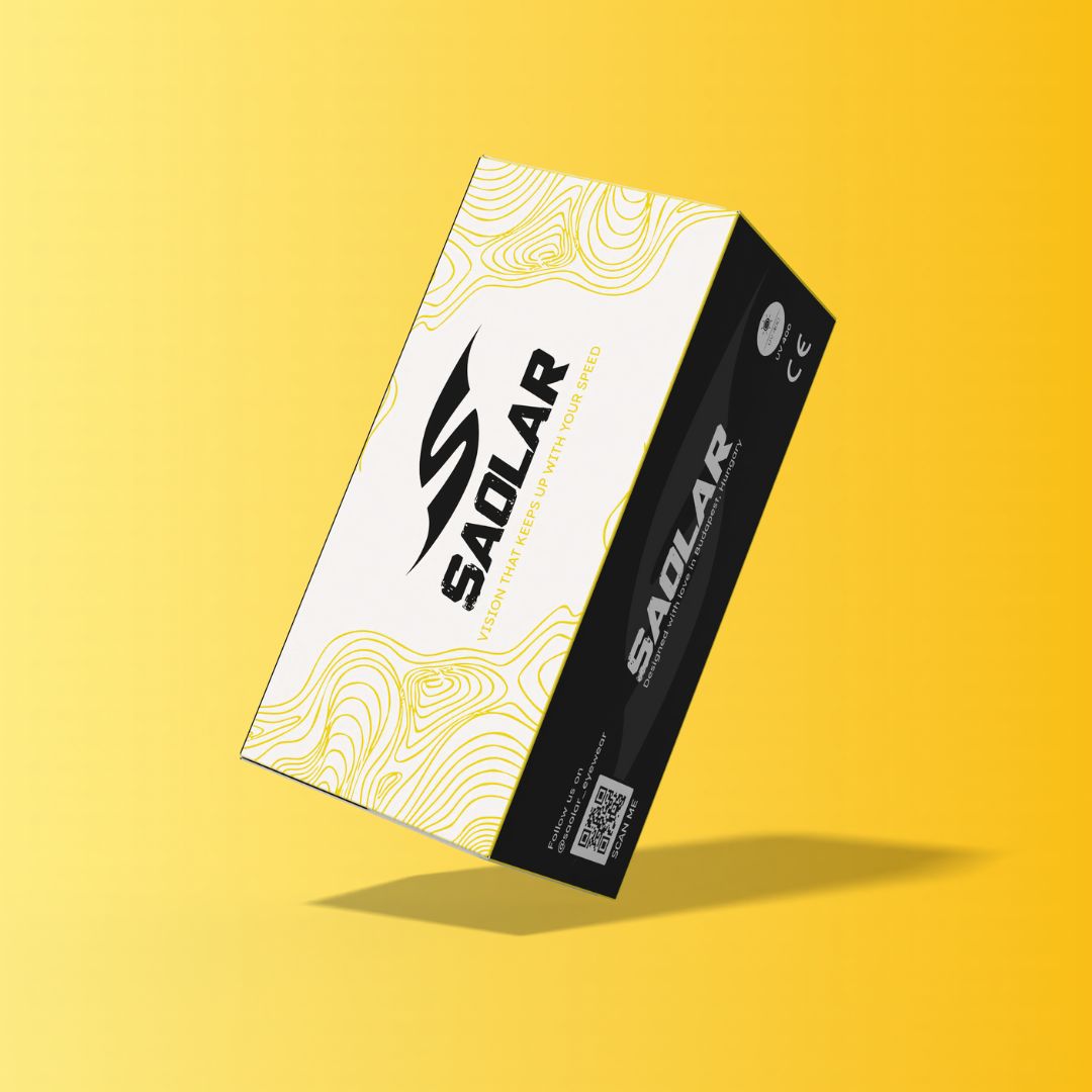Product packaging for SAOLAR, featuring a bold logo, yellow contour design, and the tagline "VISION THAT KEEPS UP WITH YOUR SPEED."