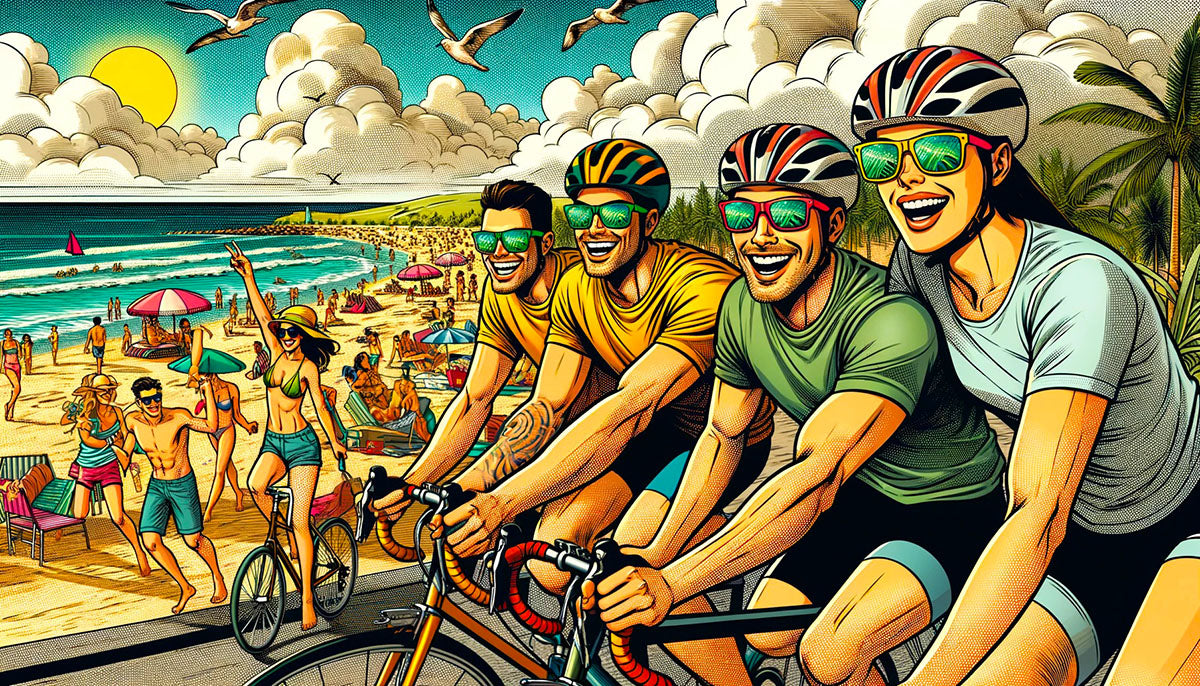 Cyclists in sport sunglasses happily celebrating spring break near a beach in vivid, festive colors.
