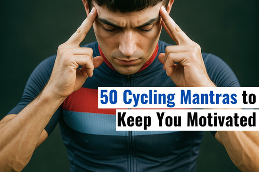 SAOLAR Cyclist in jersey focusing with hands on temples, banner text reading 50 cycling mantras to keep you motivated riding.