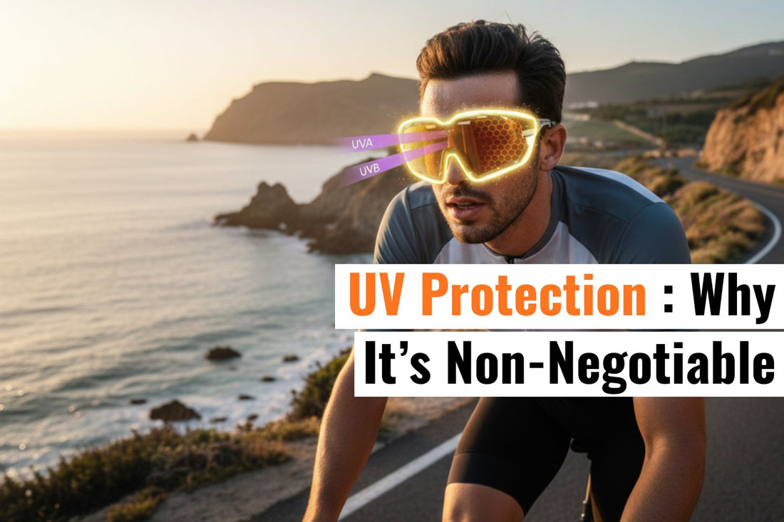 Male cyclist wearing SAOLAR sport sunglasses demonstrating UV400 protection against UVA and UVB rays during coastal road cycling ride training