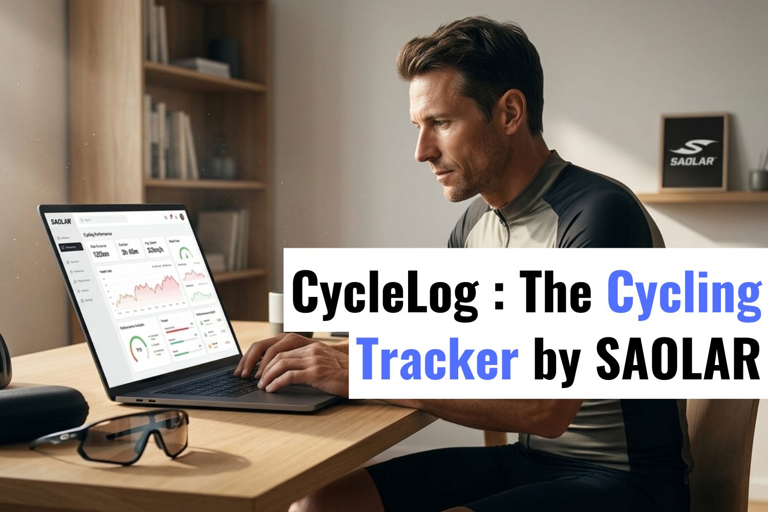 Male cyclist analyzing performance on laptop using SAOLAR cycling app tracker, bike sunglasses on desk, indoor training data dashboard analytics