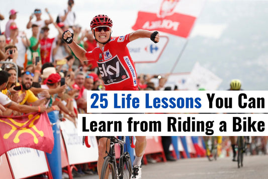Cyclist celebrating victory at finish line during a road race, surrounded by cheering crowd, symbolizing 25 life lessons from cycling.