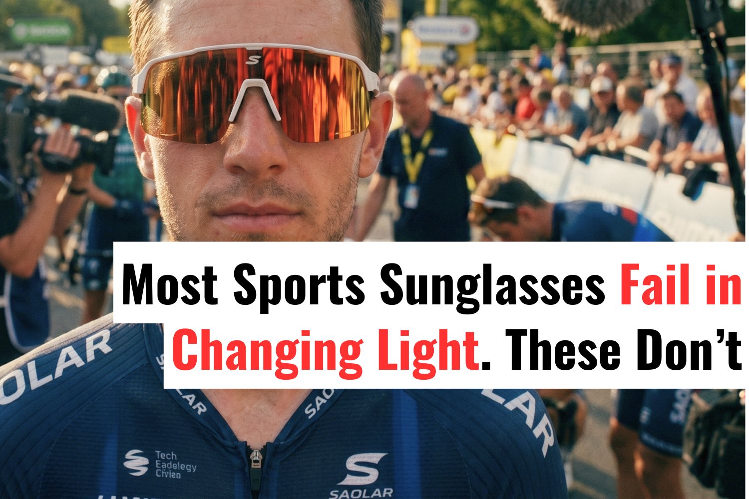 Cyclist wearing SAOLAR Flareforce Kingsnake photochromic sports sunglasses during a road cycling ride in changing light conditions.