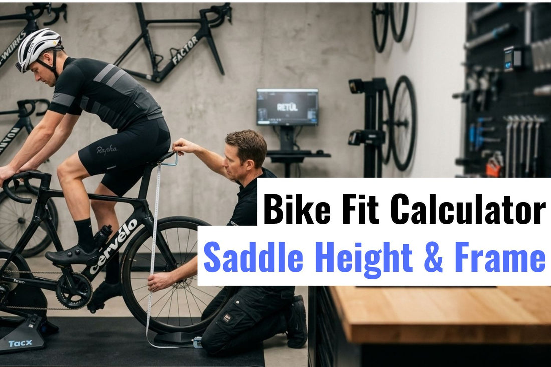Professional bike fitter adjusting saddle height while measuring cyclist on indoor trainer, optimizing riding position for comfort, performance, and clear vision with SAOLAR sunglasses.
