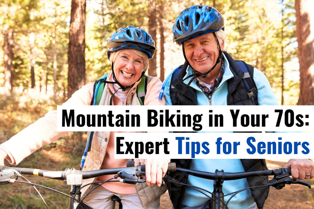 Happy seniors mountain biking in a forest, showcasing the joy of staying active and healthy in your 70s.