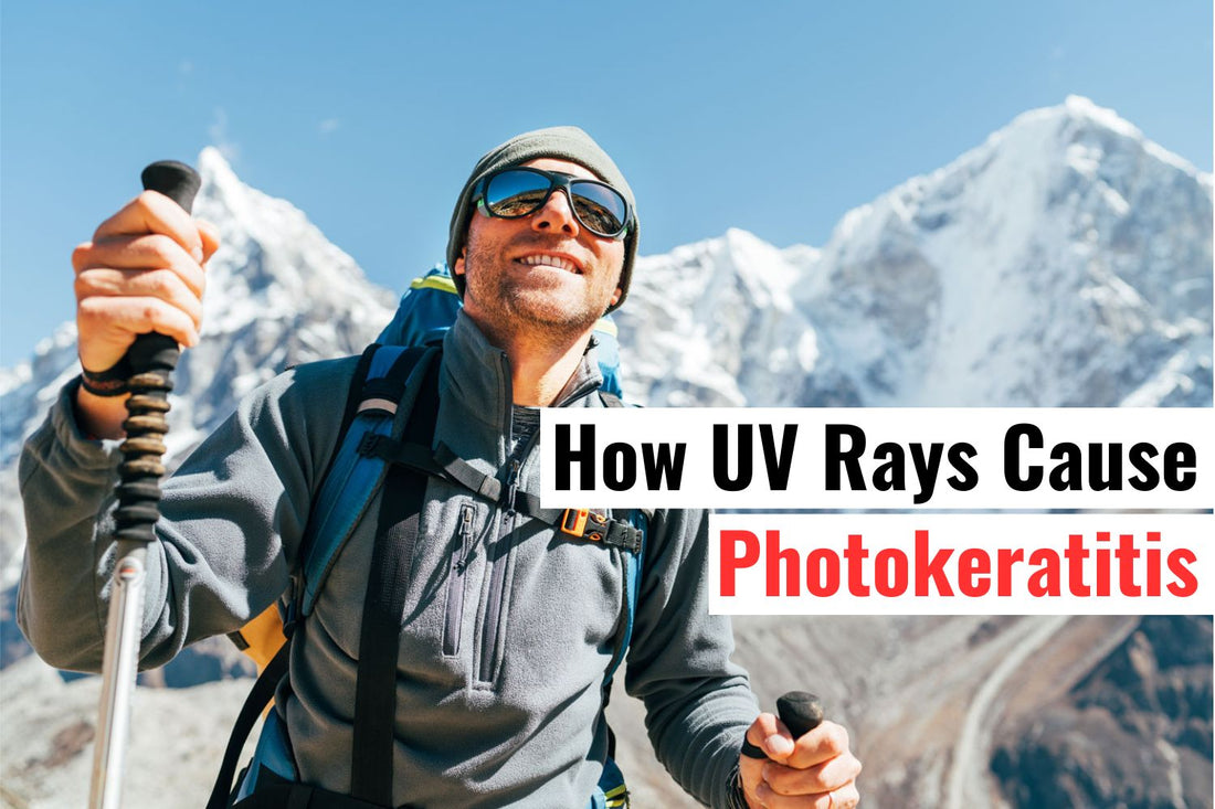 Man hiking in a mountainous, snowy environment, wearing protective sunglasses to shield against harmful UV rays. The headline highlights the risk of photokeratitis caused by UV exposure and the importance of eye protection outdoors.