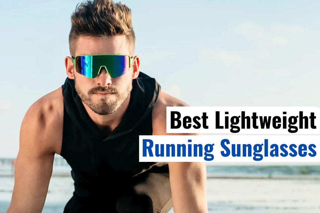 Male runner wearing reflective lightweight running sunglasses on the beach, showcasing best sports eyewear for comfort, speed, and performance.