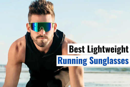 Male runner wearing reflective lightweight running sunglasses on the beach, showcasing best sports eyewear for comfort, speed, and performance.