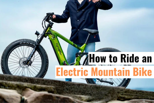 Person standing with a green electric mountain bike on rocky terrain, ready for an adventurous ride in nature.