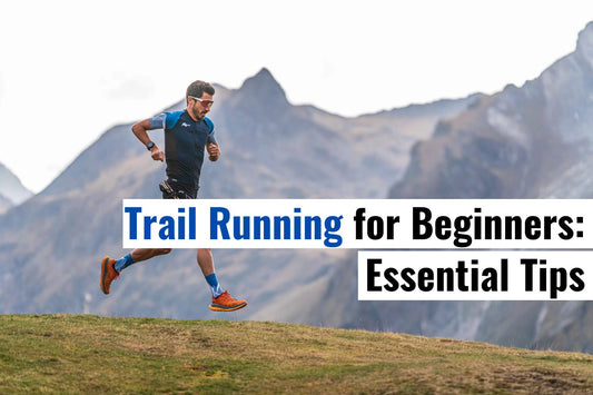 Trail runner in blue gear running on a mountain path with scenic peaks in the background. Banner - 'Trail Running for Beginners: Essential Tips'.