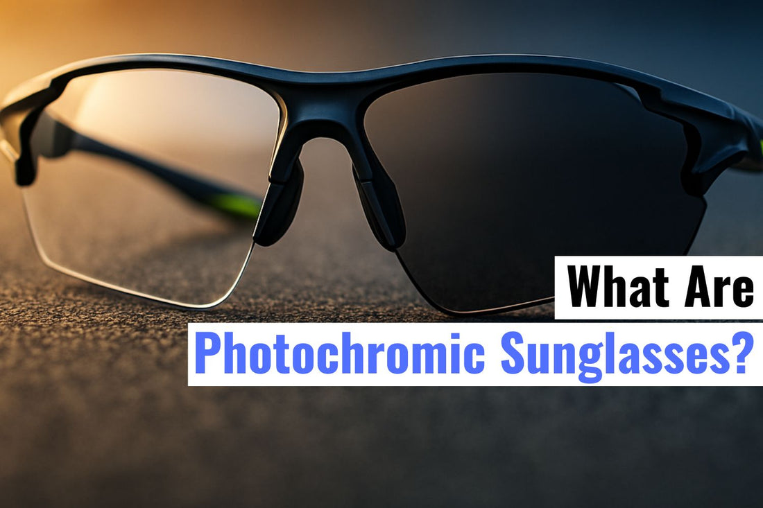 Close-up of photochromic sports sunglasses transitioning from clear to dark tint, ideal for cycling, running, and outdoor UV protection.