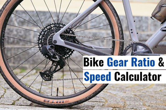 Bike gear ratio and speed calculator banner showing road bike drivetrain, chainring and cassette, for cadence-based cycling speed online tool