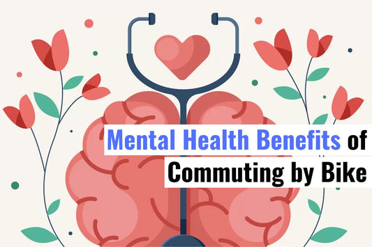 Illustration of mental health benefits from commuting by bike with a brain, heart, and flowers representing wellness and happiness.