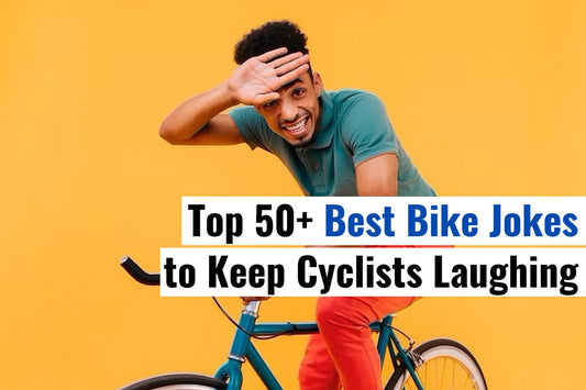 Top 30+ Best Bike Jokes banner featuring cyclists laughing on a scenic ride, promoting a collection of funny bike jokes, puns, and humor designed to entertain every cyclist on their journey.