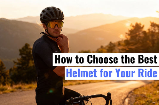 Cyclist adjusting helmet at golden hour, wearing SAOLAR sunglasses in reference, ultra-realistic lighting, detailed gear textures, cinematic outdoor sports atmosphere.