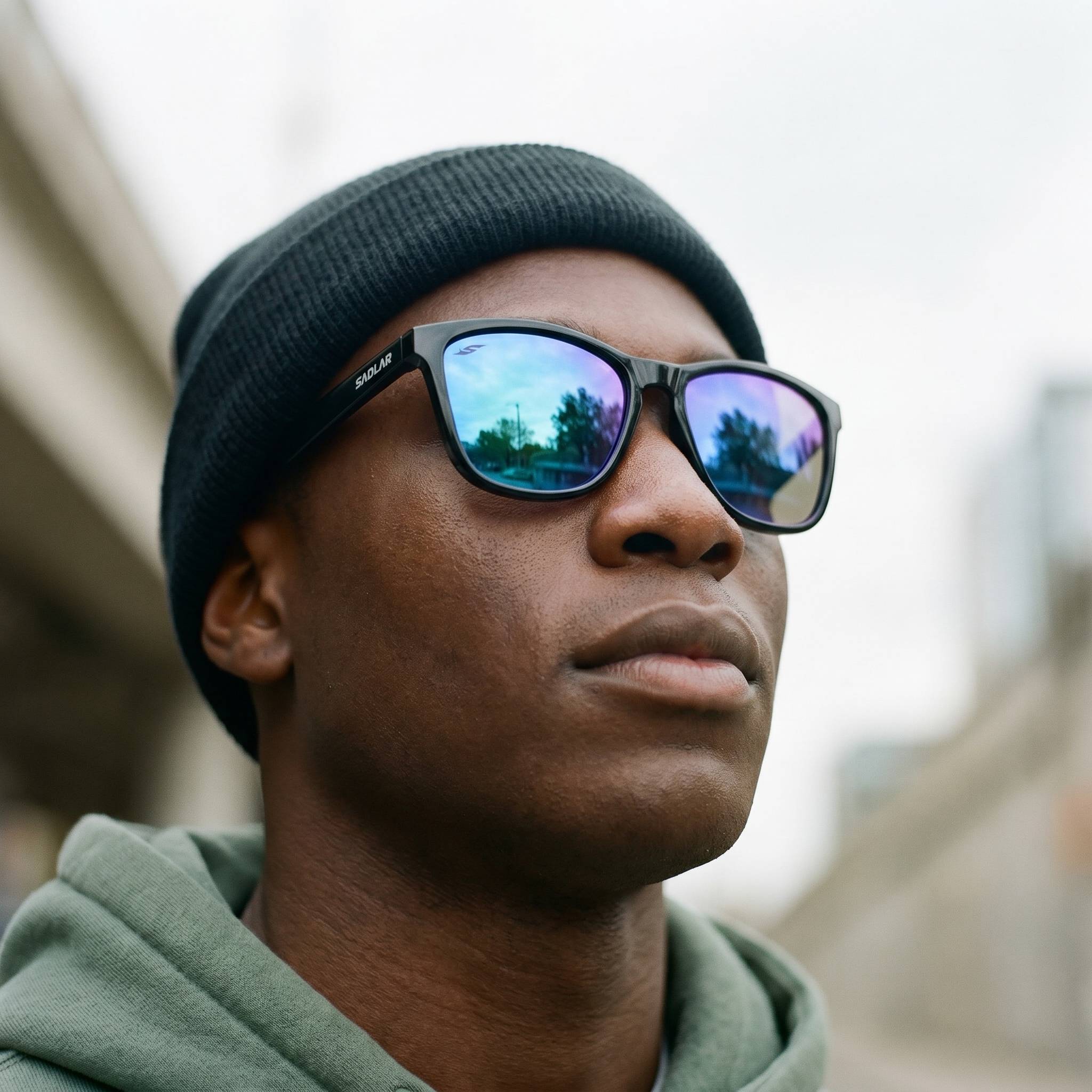 SAOLAR Original Collection sunglasses with black frames and polarized blue mirrored lenses, offering UV400 protection, modern style, and durability.