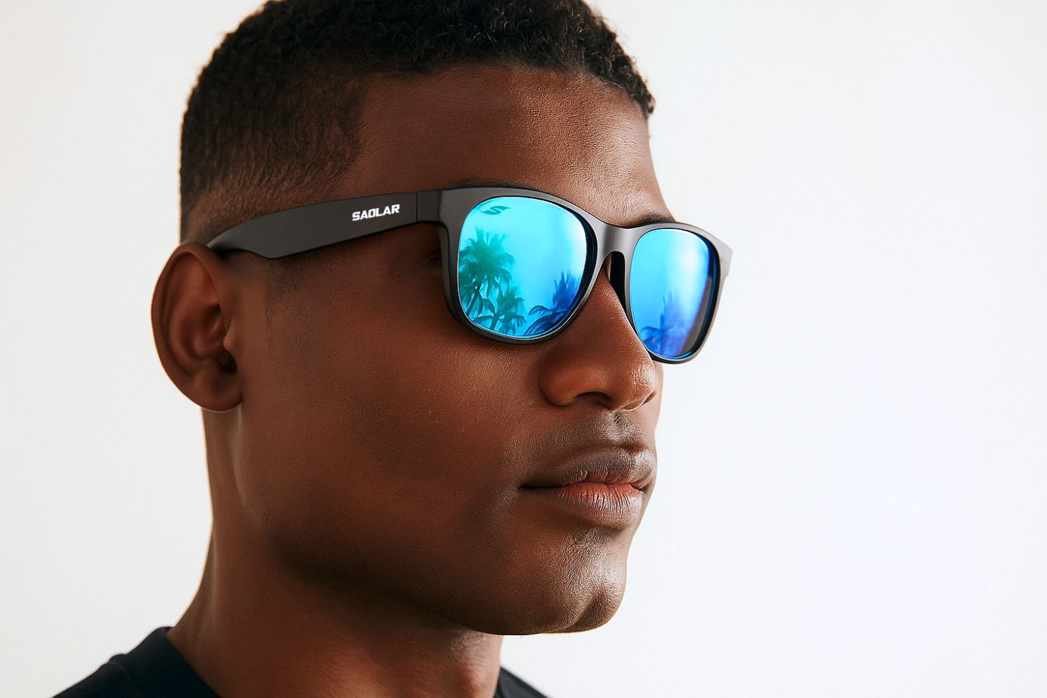 SAOLAR Original Collection sunglasses with black frames and polarized blue mirrored lenses, offering UV400 protection, modern style, and durability.