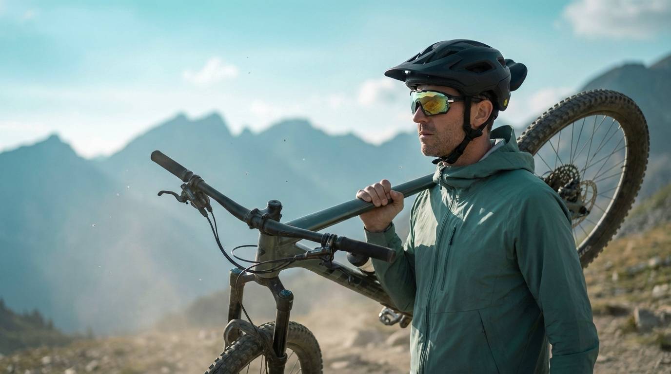 Athlete wearing SAOLAR photochromic sport sunglasses carries skis in snowy mountains, showcasing UV protection, clarity, and high-performance alpine adventure style.