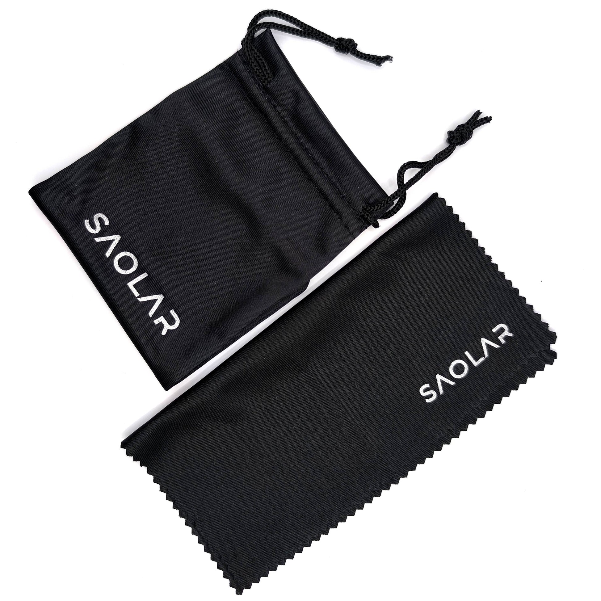 A SAOLAR-branded black microfiber pouch and cleaning cloth, ideal for protecting and maintaining the quality of your sunglasses.