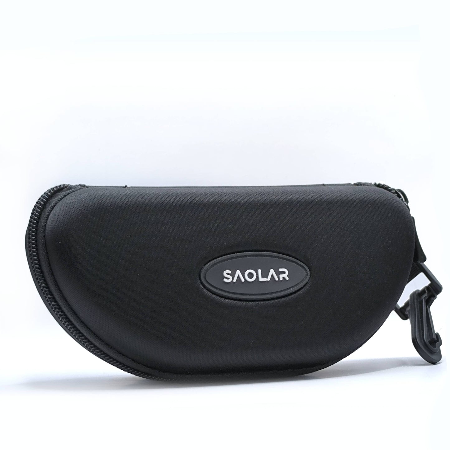 A black, hard-shell SAOLAR-branded sunglasses case with a zipper and a clip for easy attachment to bags or belts.