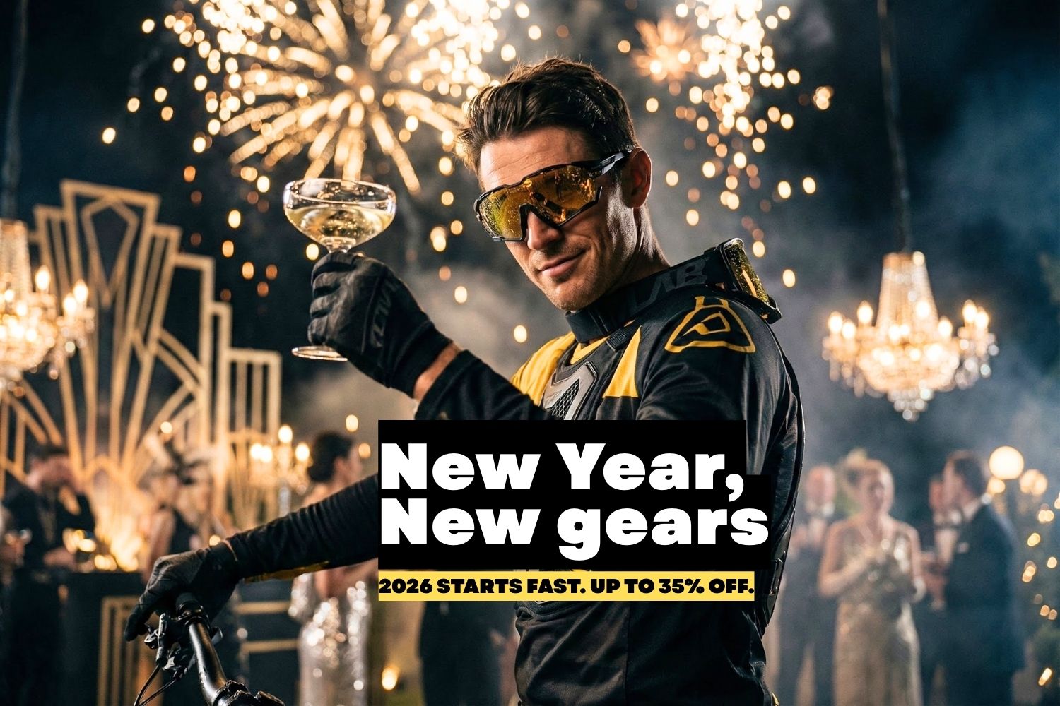 SAOLAR cycling sunglasses banner showing mountain biker celebrating New Year with fireworks, sport eyewear promotion, up to 35 percent off