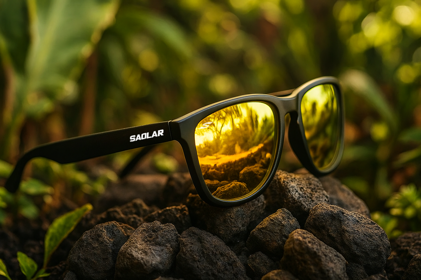 Sunglasses with 'SAOLAR' branding on a rock with a natural background - SAOLAR Solstice Polarized 