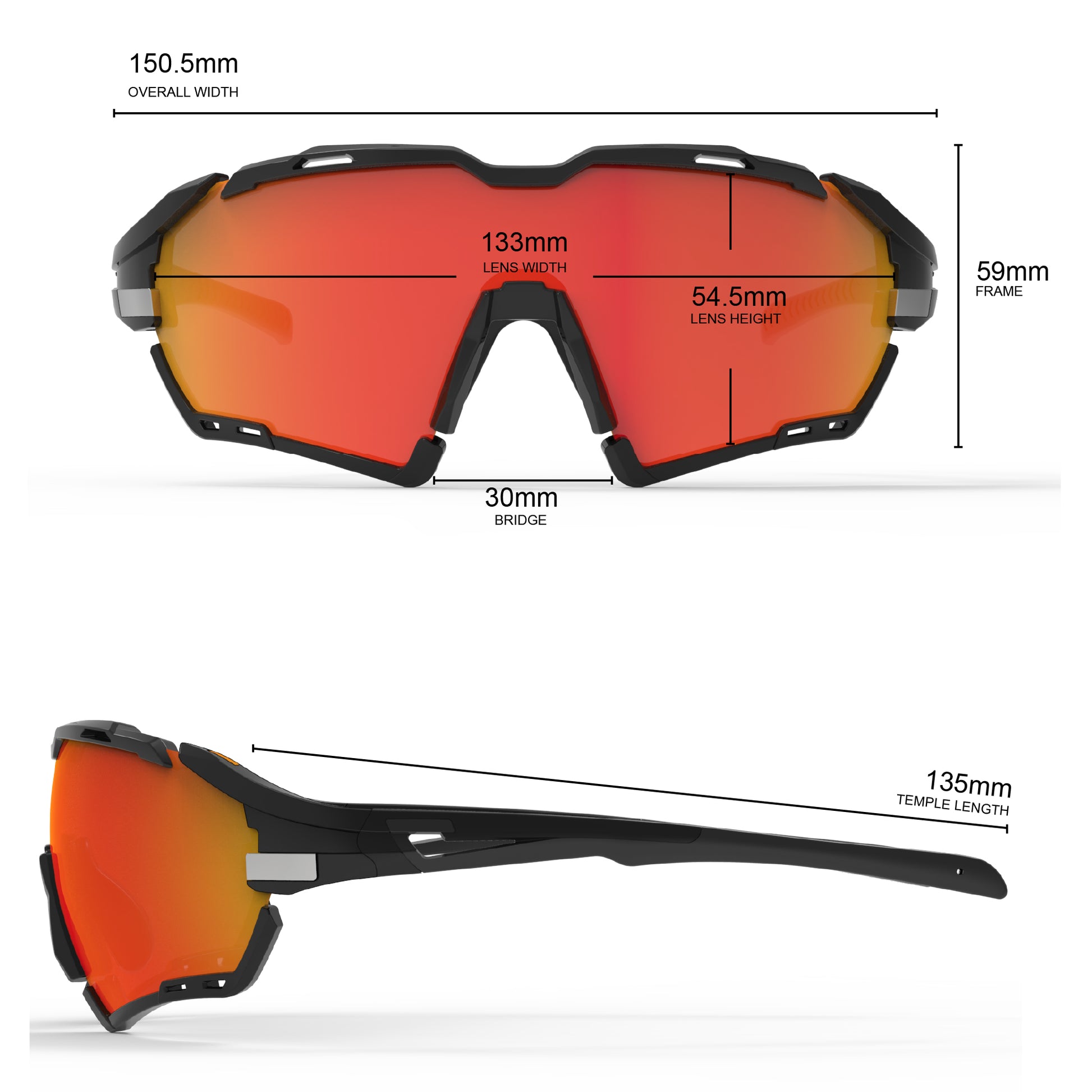 Rapture red and black sport sunglasses with dimensions: lens width 133mm, height 54.5mm, frame width 150.5mm, temple length 135mm.