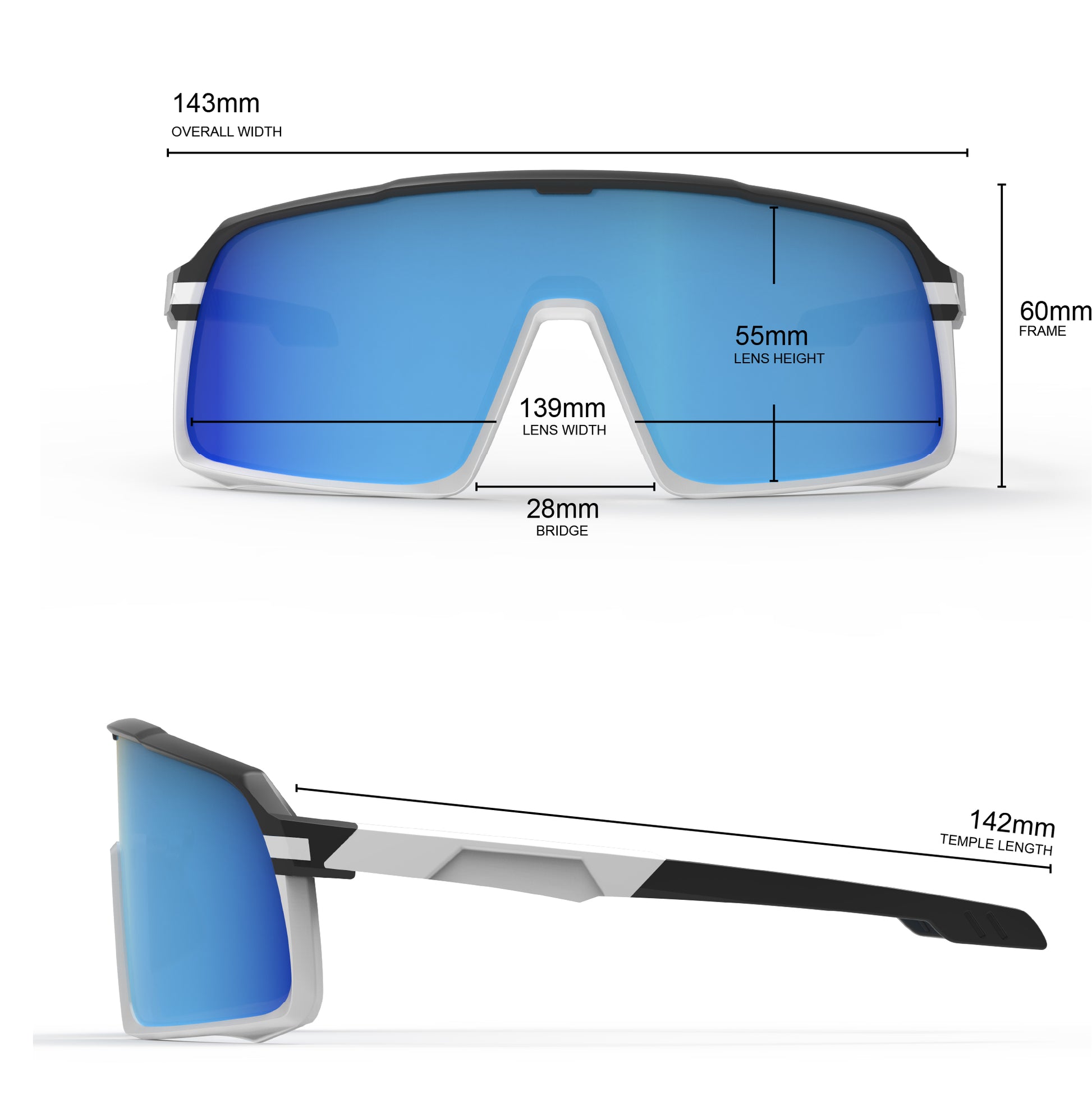 Shadelane blue and white sport sunglasses featuring dimensions: lens width 139mm, height 55mm, frame width 143mm, temple length 142mm.