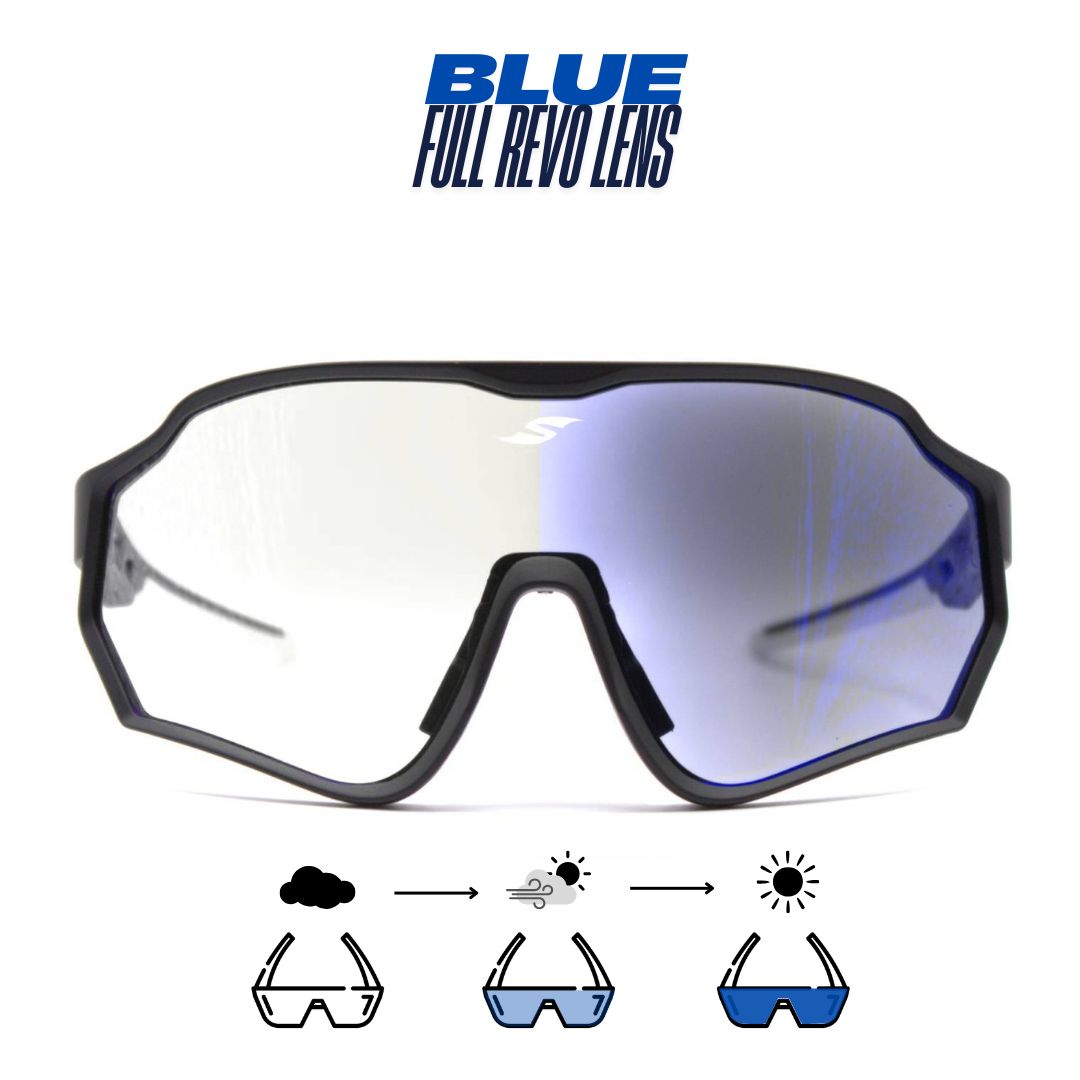 Front view: SAOLAR Aquavex sport sunglasses with blue photochromic lenses, full-rim wraparound durable design.