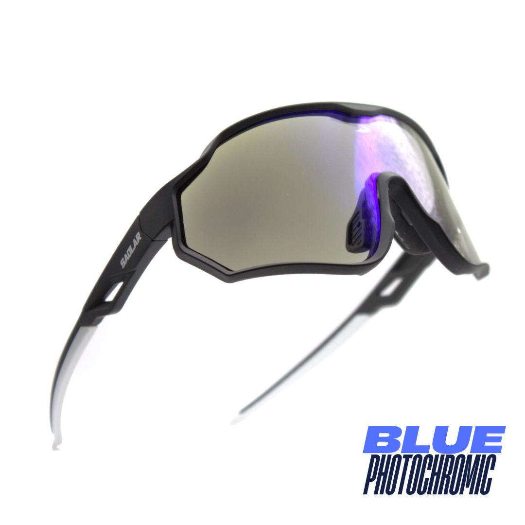 Isometric view: SAOLAR Aquavex sport sunglasses with blue photochromic lenses, full-rim wraparound durable design.