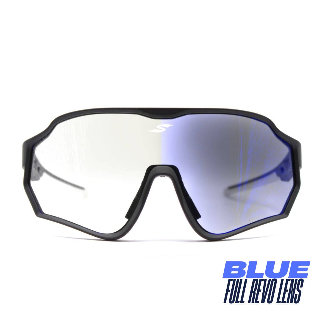 Front view: SAOLAR Aquavex sport sunglasses with blue photochromic lenses, full-rim wraparound durable design.