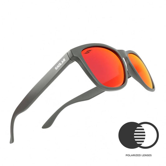 SAOLAR Asfalto polarized sunglasses with matte grey frame and sunset-gold mirrored lenses, featuring UV400 sun protection and durable unisex design.