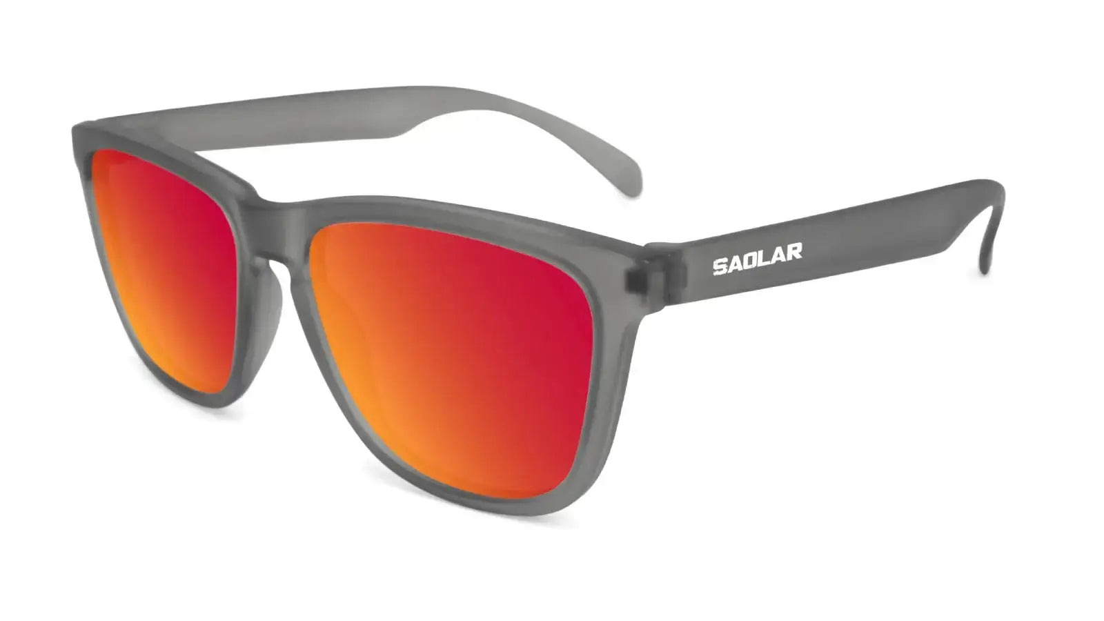 Front view of SAOLAR Asfalto polarized sunglasses, featuring bold sunset-gold mirrored lenses, matte grey frame, UV400 sun protection, durable eyewear.