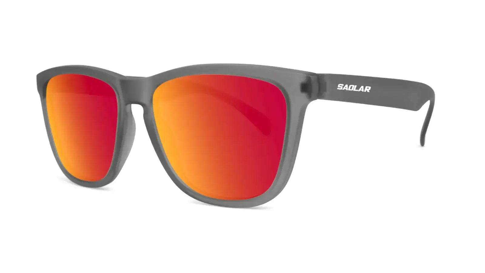 SAOLAR Asfalto sunglasses with polarized sunset-gold mirrored lenses, matte grey frame, UV400 protection, impact-resistant design for urban street style.