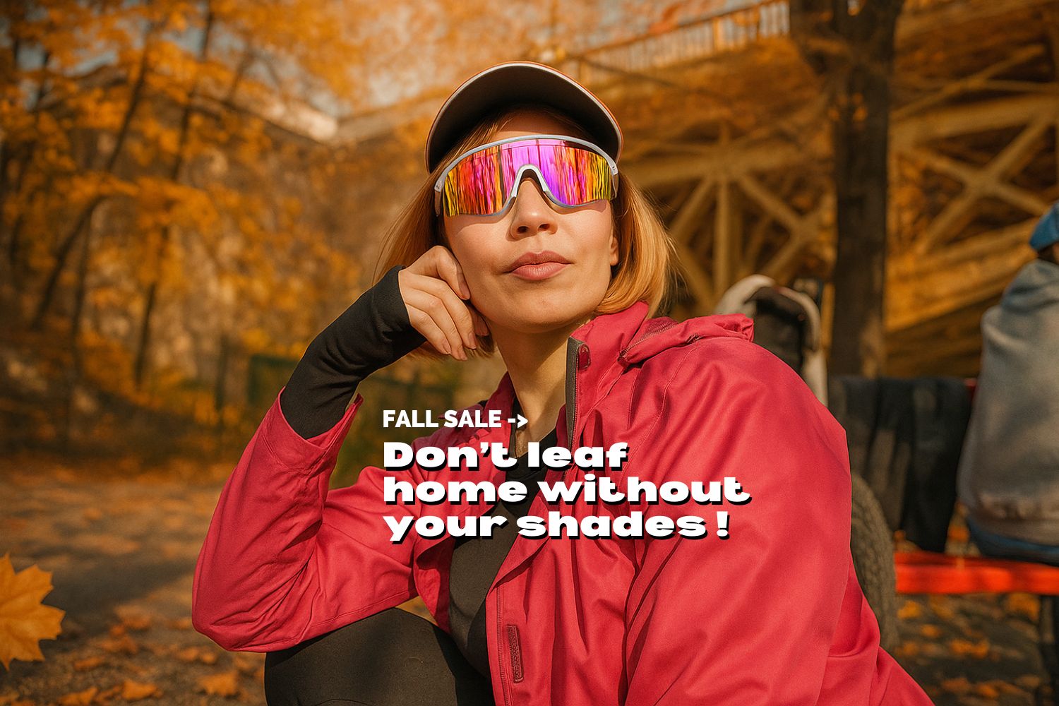 Fall sports sunglasses sale banner with stylish woman wearing mirrored athletic shades in autumn park, bold promo text promoting eyewear discount.