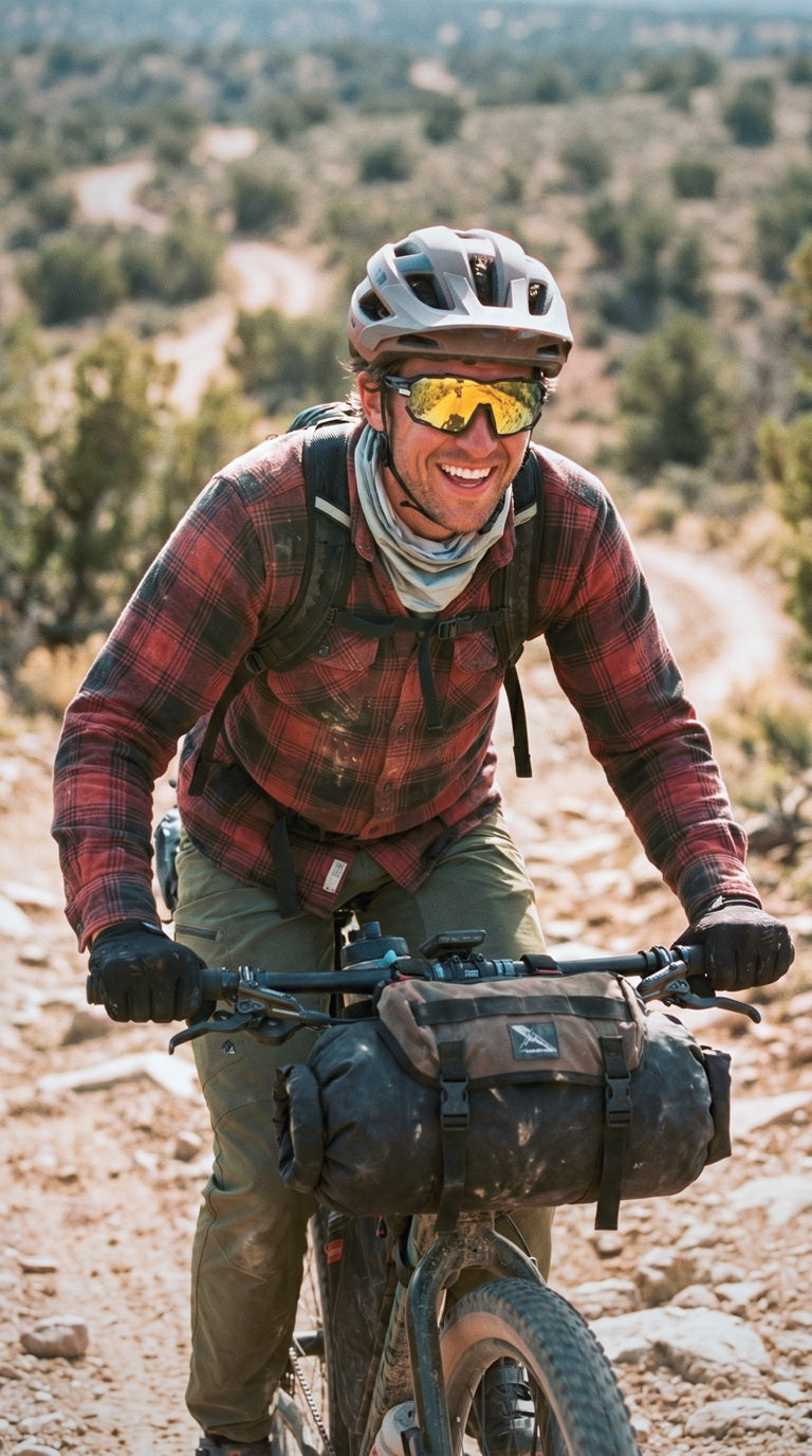 Cyclist riding a rugged desert trail wearing SAOLAR Rapture sunglasses during a bikepacking adventure. Golden sunlight reflects across the lenses as the rider climbs rocky terrain with a loaded mountain bike. Documentary-style outdoor photography featuring panoramic landscapes, gravel roads, exploration, endurance, freedom, bikepacking gear, cycling eyewear, and authentic adventure storytelling.