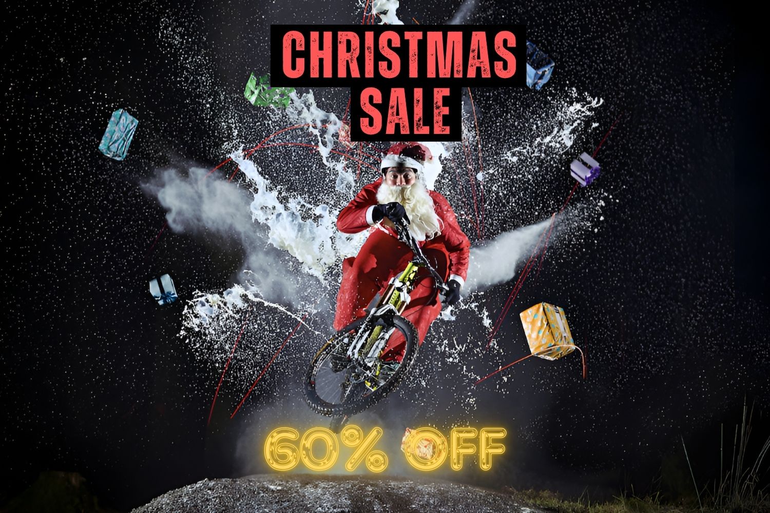 Santa Claus riding a mountain bike in a dynamic action pose with exploding gift boxes in the background, promoting a 'Christmas Sale' with 60% off in bold, festive lettering.