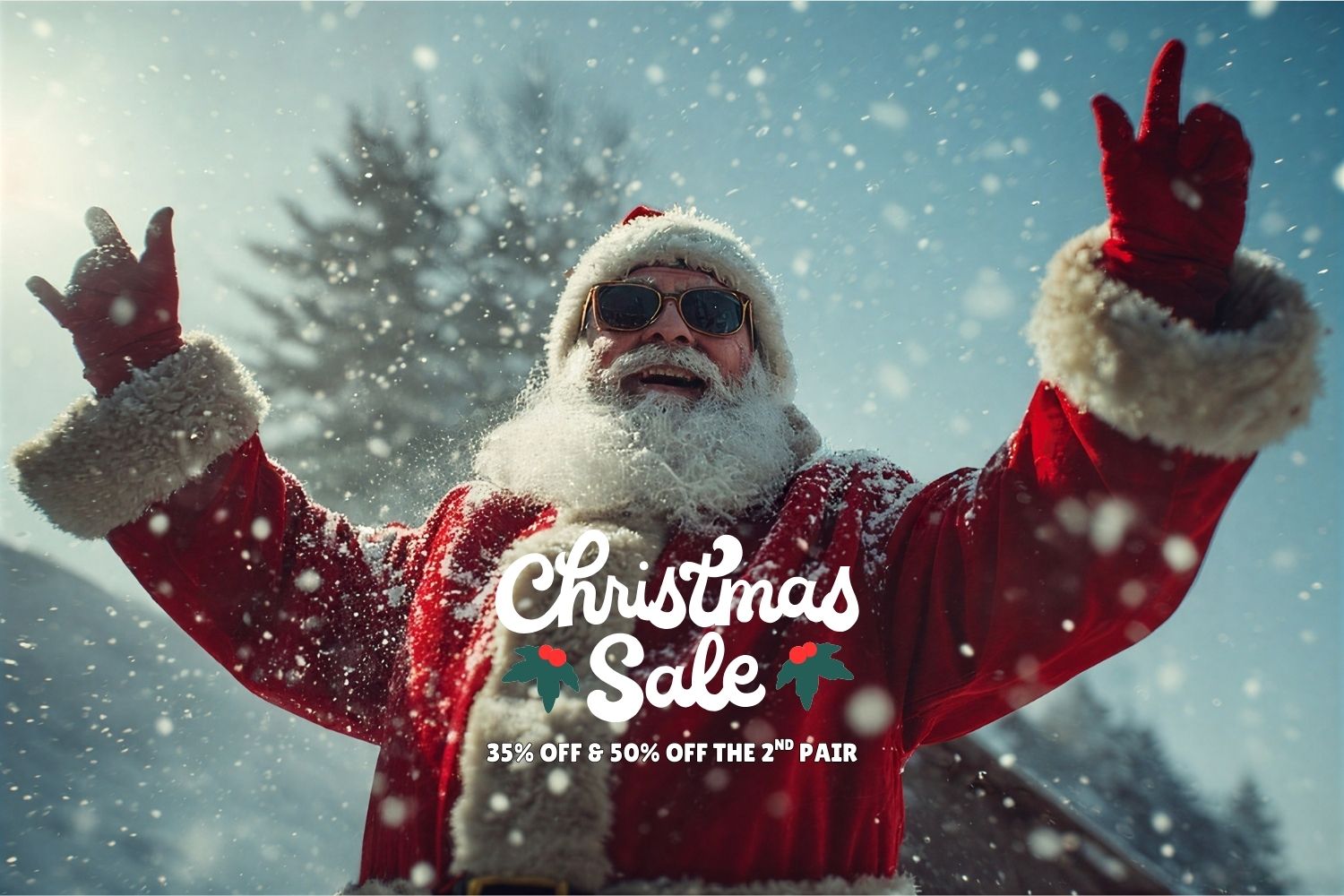 Joyful Santa wearing stylish sunglasses in snowy winter scene promoting SAOLAR Christmas Sale with 35% off and 50% off second pair.