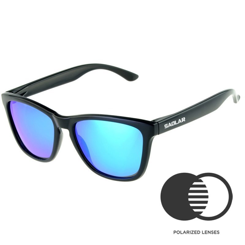 SAOLAR Cobalt9 polarized sunglasses with blue UV400 lenses, anti-glare coating, black frame, stylish design for outdoor protection.