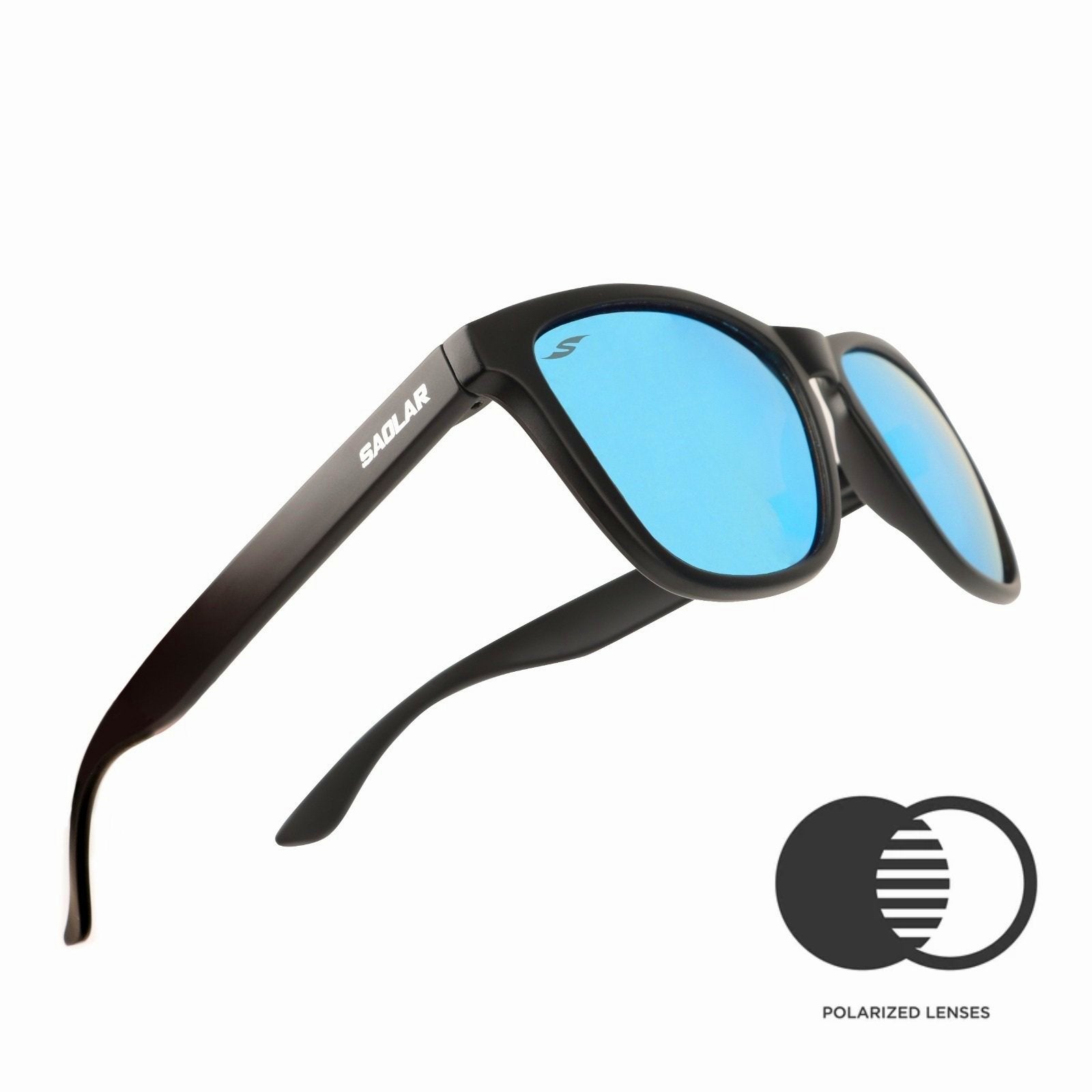 Black SAOLAR Cobalt9 Outdoor Sunglasses with cyan‑blue polarized lenses, arms spread, isolated on white.