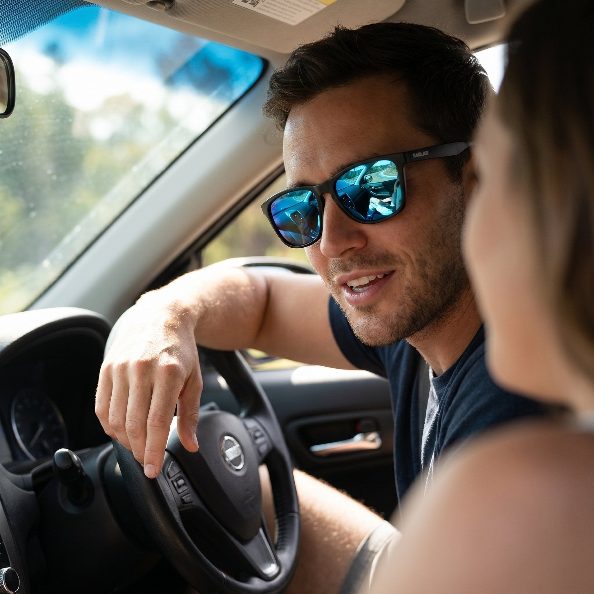 Man driving a car wearing SAOLAR Cobalt9 sunglasses with polarized blue mirror-coated lenses, reflecting road and sky. Close-up lifestyle scene with natural sunlight, relaxed expression, and passenger conversation. Emphasis on clarity, glare reduction, and everyday comfort during driving, showcasing premium optics in a real-world setting.
