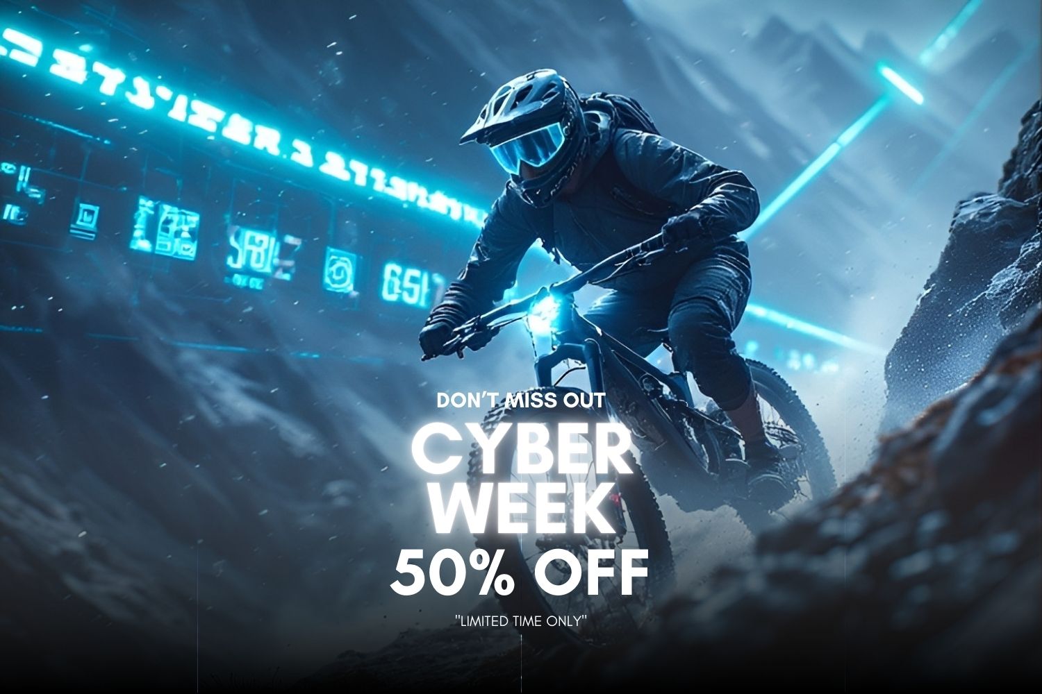 Mountain biker wearing SAOLAR sports sunglasses riding through futuristic cyber environment promoting Cyber Week sale with 50% off limited-time offer.