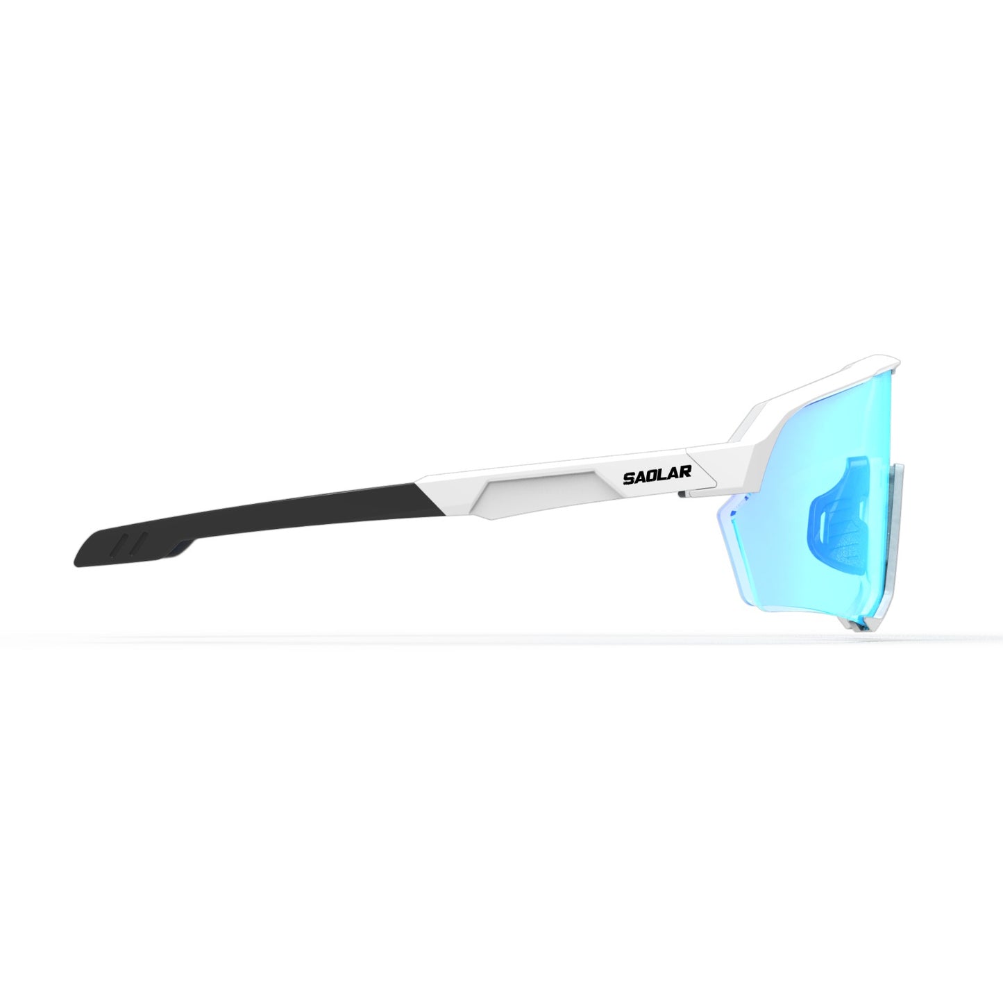 Side view of SAOLAR Emberline ICE sport sunglasses with blue photochromic lens, lightweight white frame, aerodynamic design for cycling.
