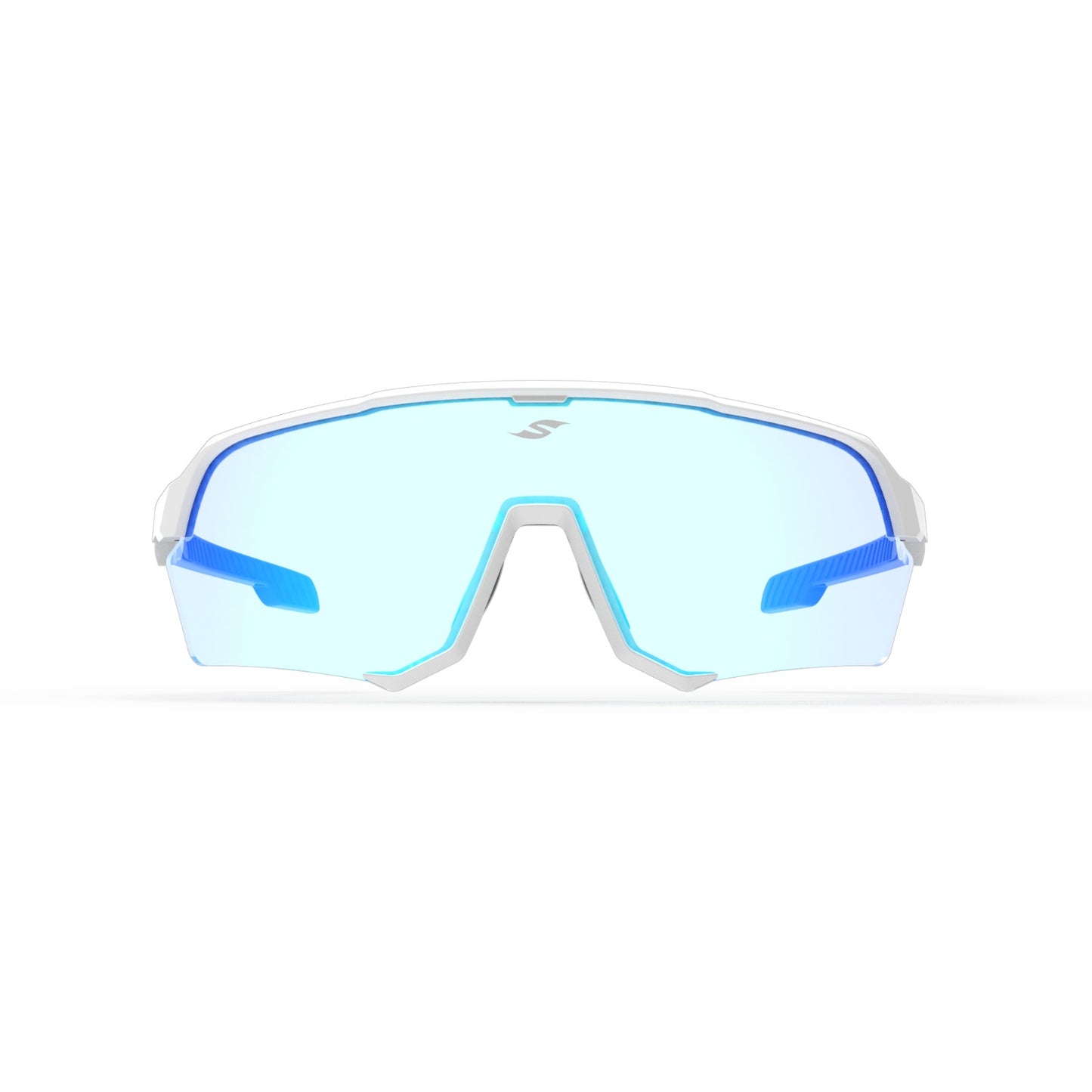 Front view of SAOLAR Emberline ICE sunglasses featuring blue photochromic shield lens, wide coverage, optimized ventilation and comfort.