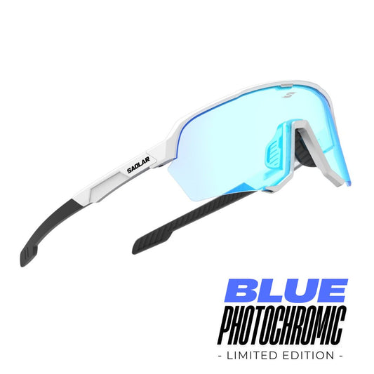 Angled view of SAOLAR Emberline ICE sport sunglasses with blue photochromic lens, ergonomic nose bridge, performance cycling eyewear design.