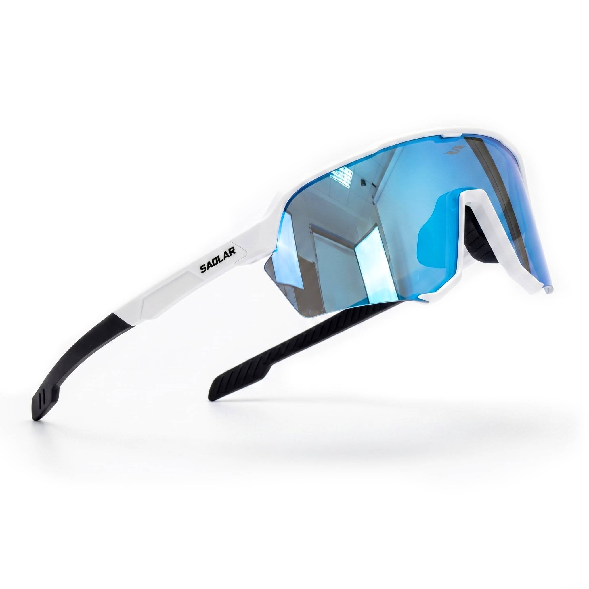 SAOLAR EmberLine Ice photochromic sport sunglasses with full revo blue lenses category 0 to 3. Buy lightweight wraparound sunglasses with UV400 protection, anti glare clarity, and modern design. Perfect for cycling, running, hiking, and outdoor sports. Engineered for durability, comfort, and sharp vision in bright and changing light conditions.
