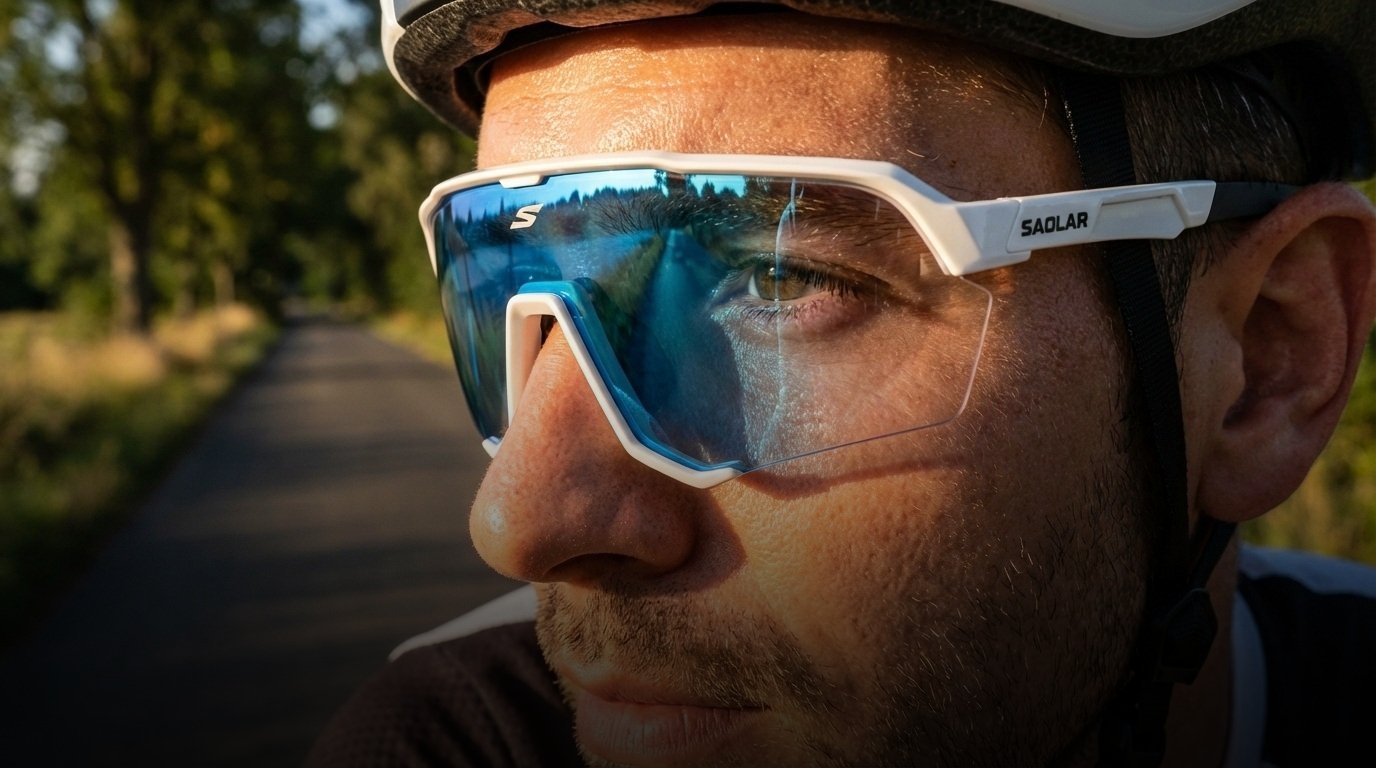 Close-up cyclist wearing Emberline ICE photochromic sunglasses, blue-tinted lens adapting to sunlight, clear road ahead, sharp vision, lightweight performance design.