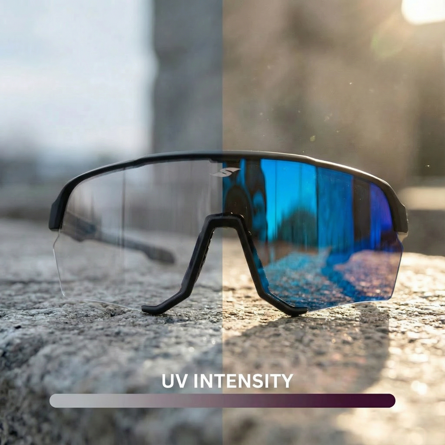 SAOLAR Emberline ICE photochromic sport sunglasses showing clear to blue tint transition under UV intensity, enhancing vision clarity outdoors.